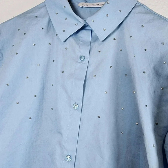 Zara Shirt Button Down Kids 11-12  Light Blue  Studded  Longsleeve - Picture 4 of 15